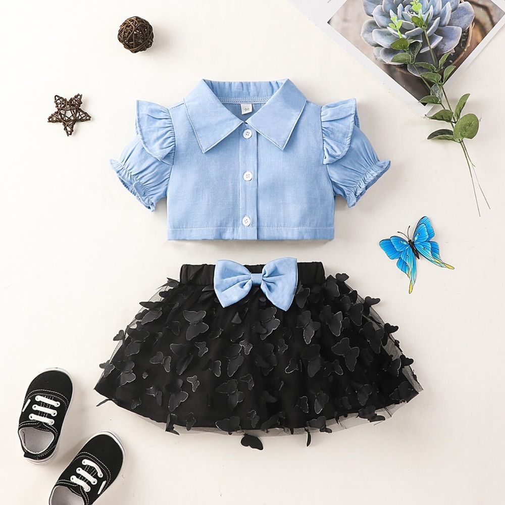 Girls Ruffle Shoulder Shirt and Appliqué Skirt Set